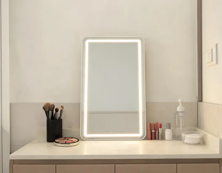 led vanity mirror on a cosmetics bench, illustration only